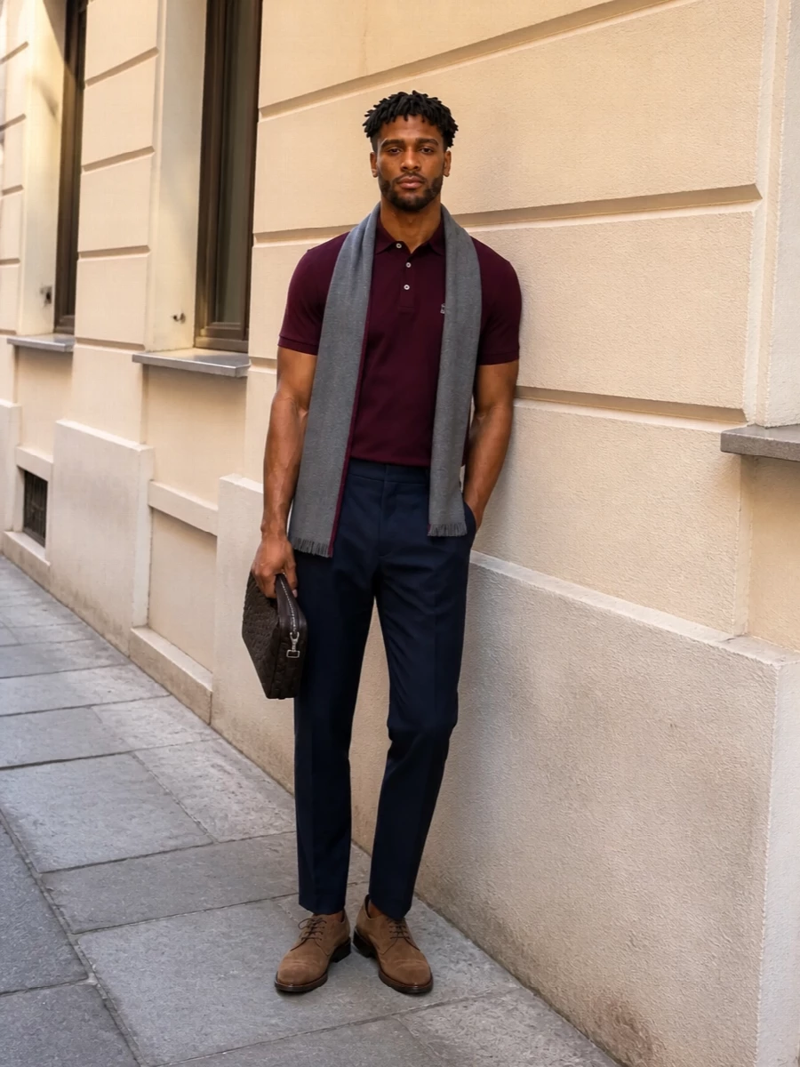 A deep burgundy polo pairs with navy pleated trousers for a clean, modern take on smart casual that feels equally at home in a relaxed office or a dinner reservation. Taupe suede derbies and an espresso intrecciato crossbody introduce soft texture and warmth, while the slate-and-burgundy scarf threads the palette together without adding noise. The result is quietly confident and precise, with colour doing the work instead of overt detail.
