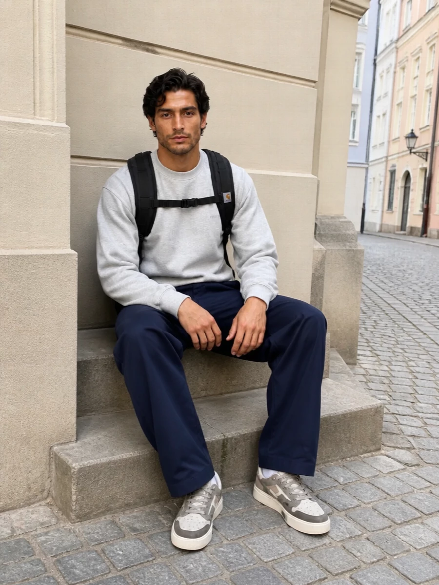 Carhartt pants grey sweatshirt represent sneakers