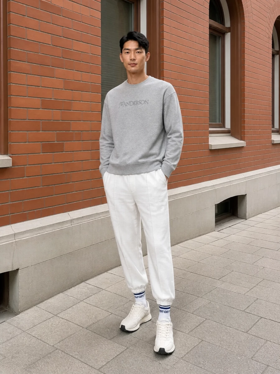 Jw anderson grey sweatshirt white joggers outfit