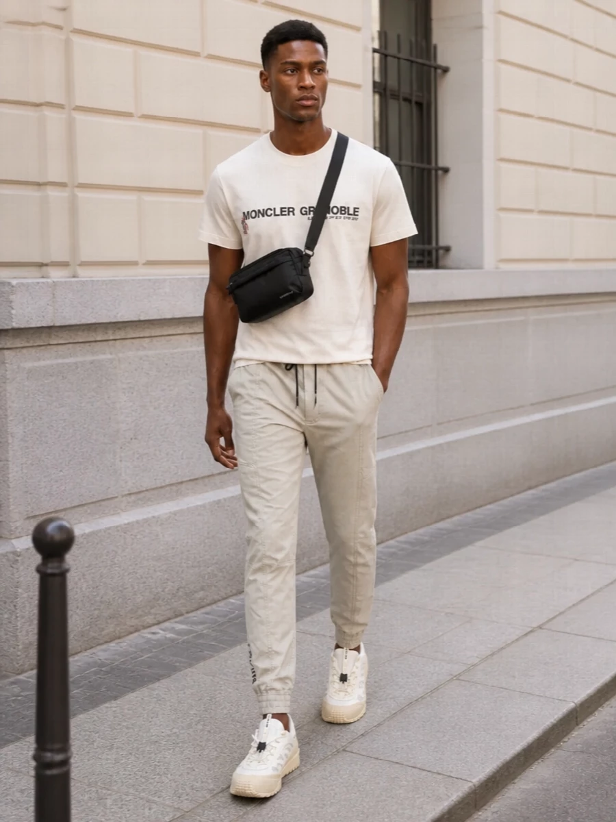This look leans into Moncler’s alpine-minimalism with the off-white logo tee and light-beige technical joggers creating a crisp, tonal base. Off-white trail-influenced sneakers keep the silhouette agile and sporty, while the black Givenchy belt bag adds a discreet shot of luxury and practical edge. It’s an elevated off-duty uniform that feels as at home in the city as it does on a weekend escape.