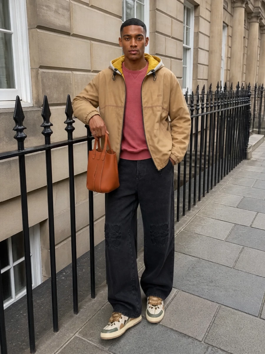 Loewe anorak wide black jeans lanvin sneakers