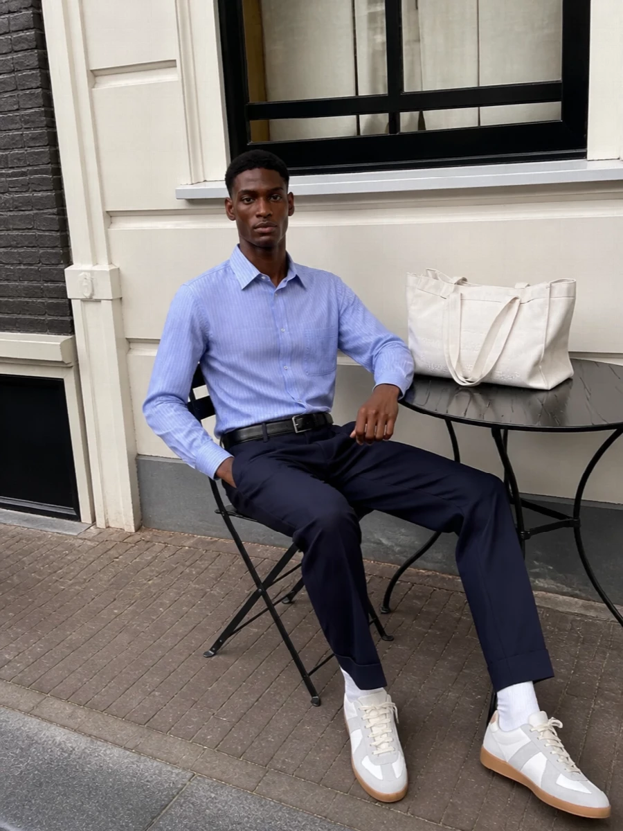 Maison margiela striped shirt navy trousers sneakers