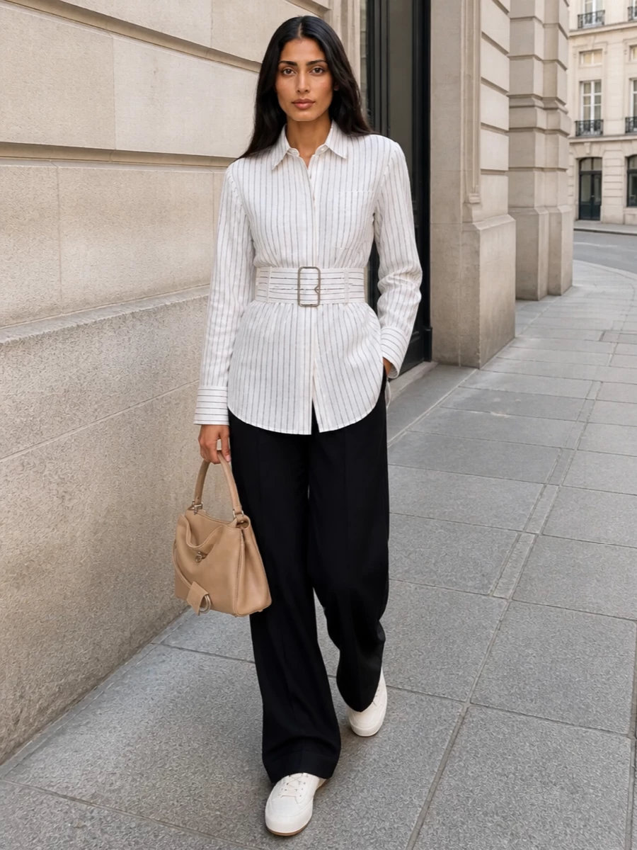 Burberry striped shirt black tailored trousers