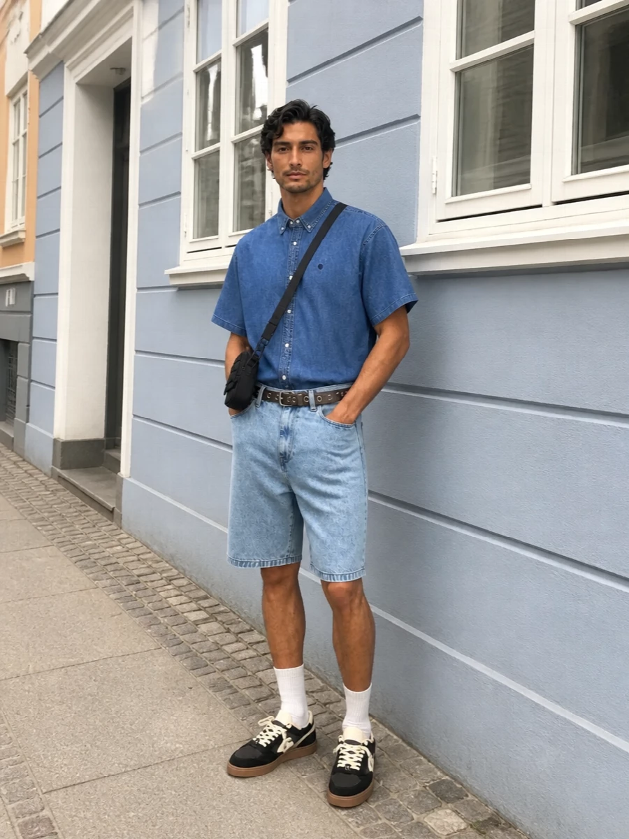 Mid blue denim on top with light-wash shorts keeps the outfit fresh and relaxed, anchored by a soft workwear silhouette. Black and cream skate sneakers and a compact black crossbody sharpen the streetwear edge without fighting the minimal palette. The grommet belt pulls it together with a small hit of hardware that feels considered rather than flashy.