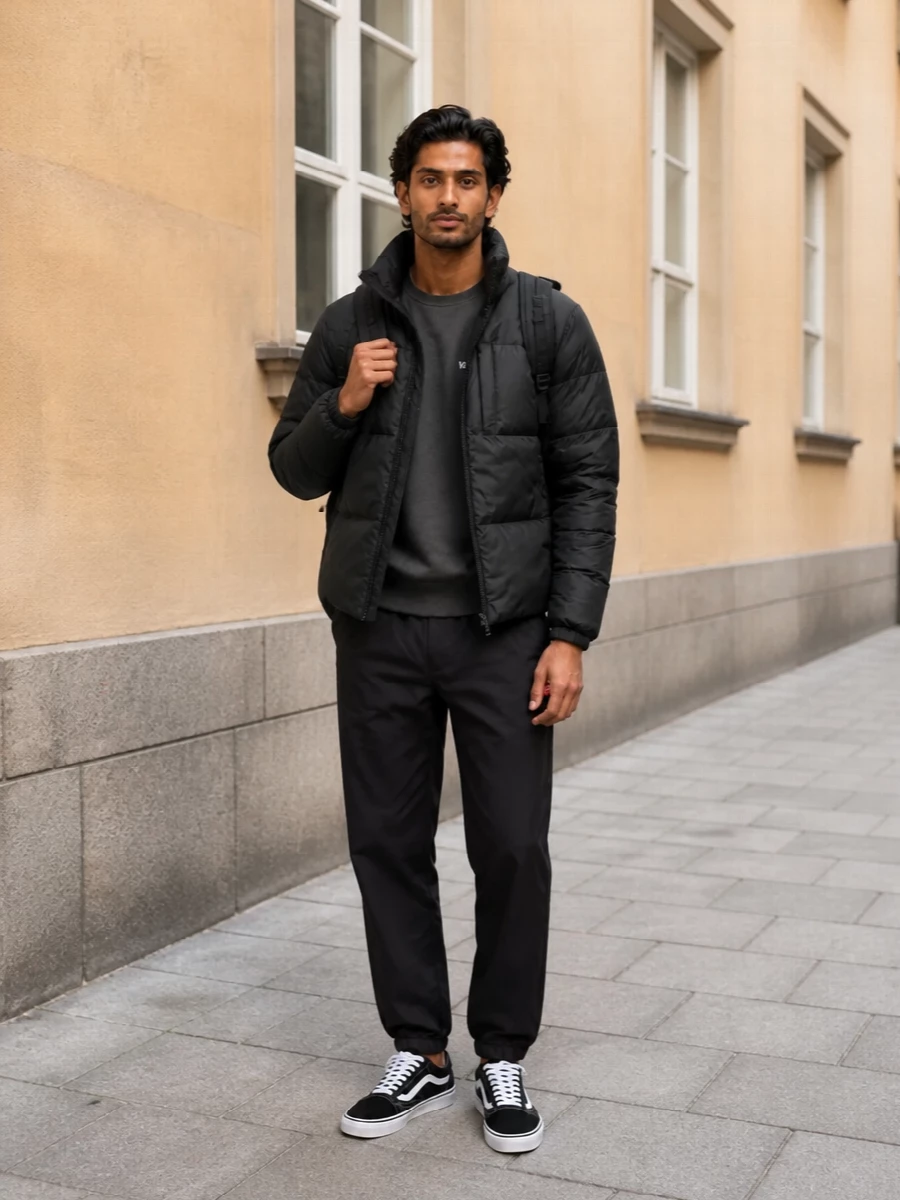 Vans puffer black joggers old skool sneakers