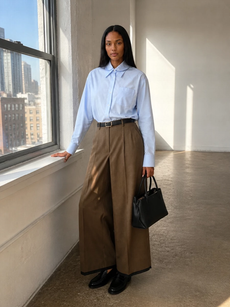 Prada blue shirt taupe wide leg trousers outfit