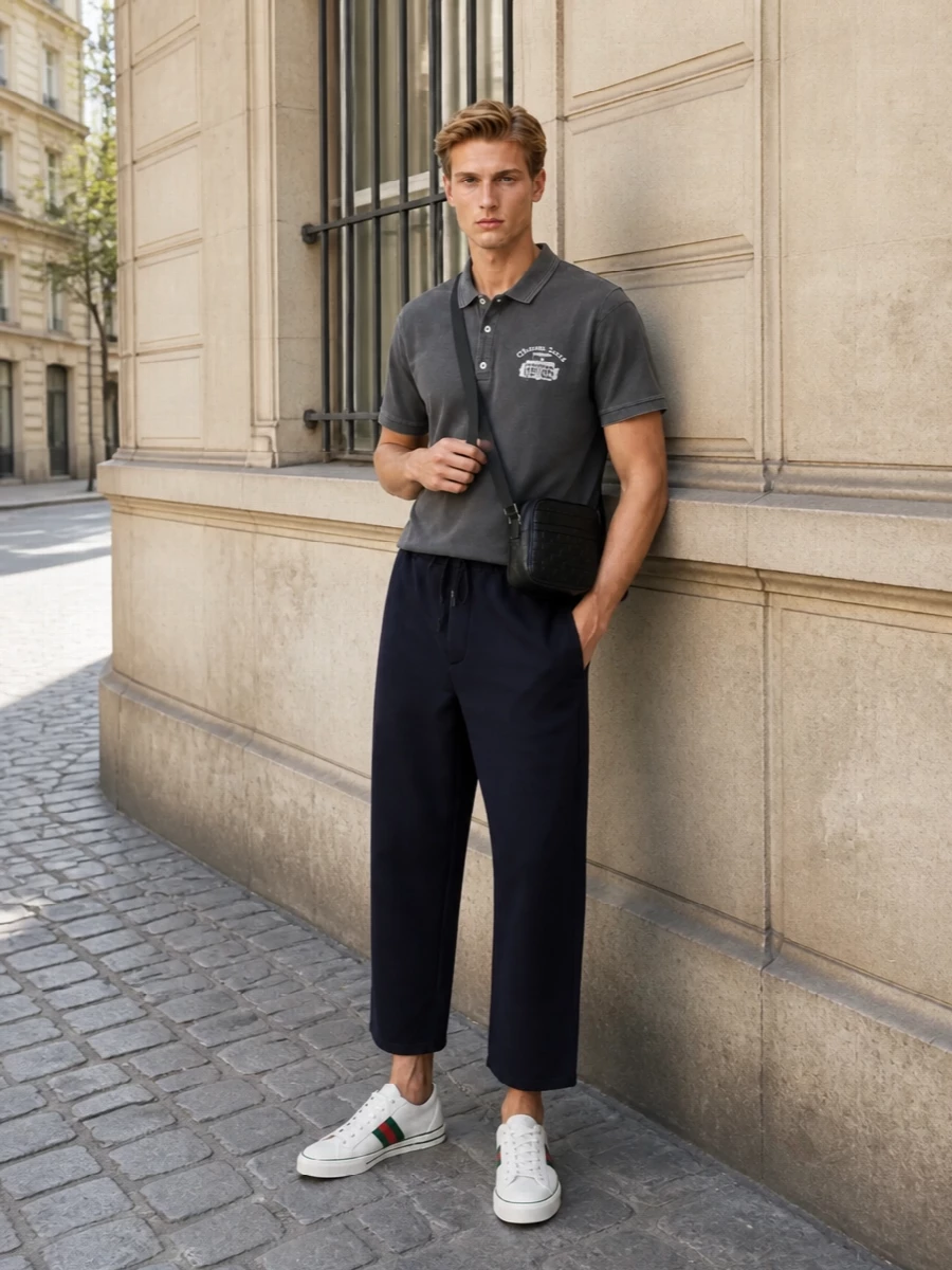 A washed charcoal polo and cropped navy trouser frame the Gucci sneakers in a clean, modern street uniform that still feels quietly refined. The relaxed top and precise yet easy pant keep the proportions sharp around the low profile shoe. A structured black crossbody finishes it with just enough designer attitude for all-day city runs.