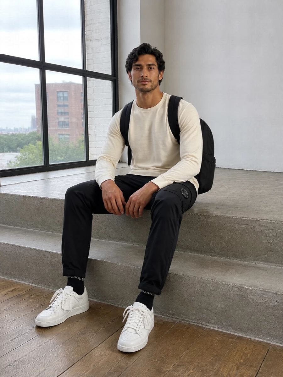 Cp company tee black cargo pants white sneakers