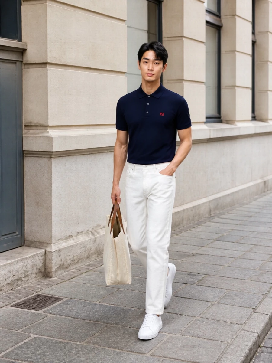 Fendi navy polo off white trousers outfit