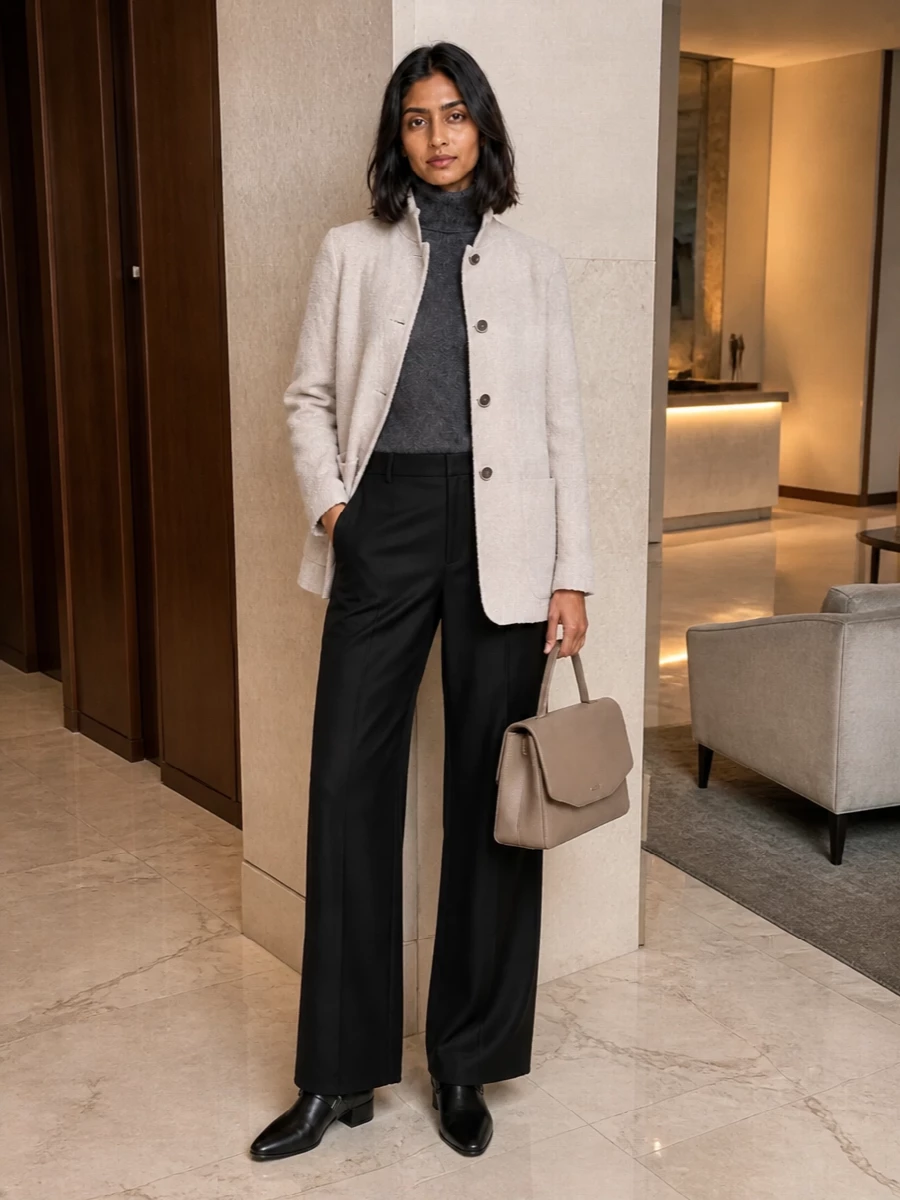 I am keeping this as a tailoring-based outfit rather than adding a dress, so the coat remains the quiet anchor over knitwear and precise trousers in that calm Armani palette. The charcoal turtleneck and black wide-leg trouser recreate the elongated, easy line in the reference while the black ankle boots and taupe top-handle bag tighten the city polish. The result is a softly structured winter ensemble that moves smoothly from daytime meetings to low-key evening plans without ever feeling overdone.