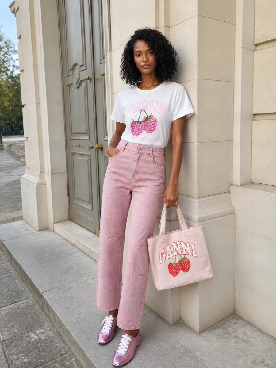 Ganni’s berry tee meets bubblegum denim for a sugar-hit take on street-preppy dressing. Metallic pink flats and a matching varsity tote lean into the Y2K mood, keeping everything playful yet easy for city days. The proportions stay relaxed and grounded so the colour story can have fun without feeling costume-y.