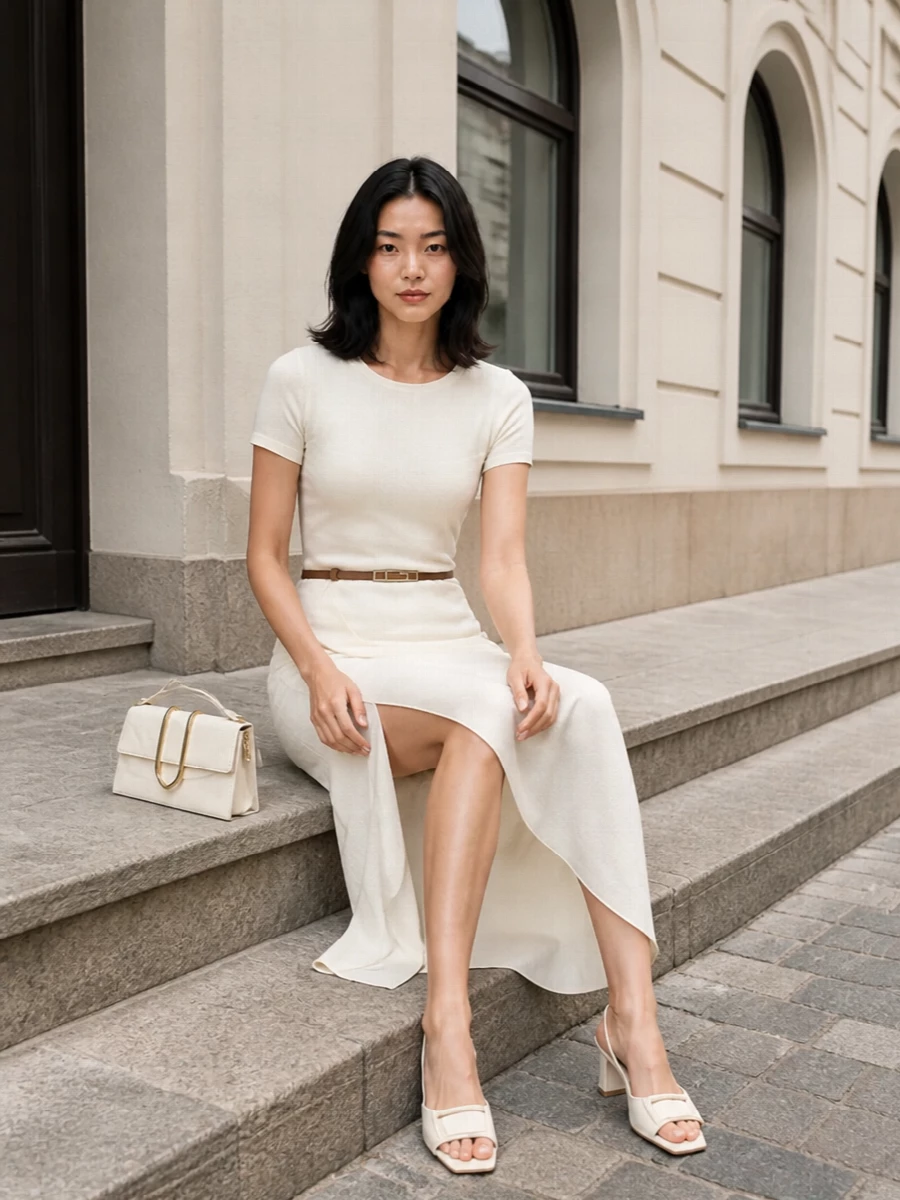 Jacquemus ivory midi dress cream heels bag