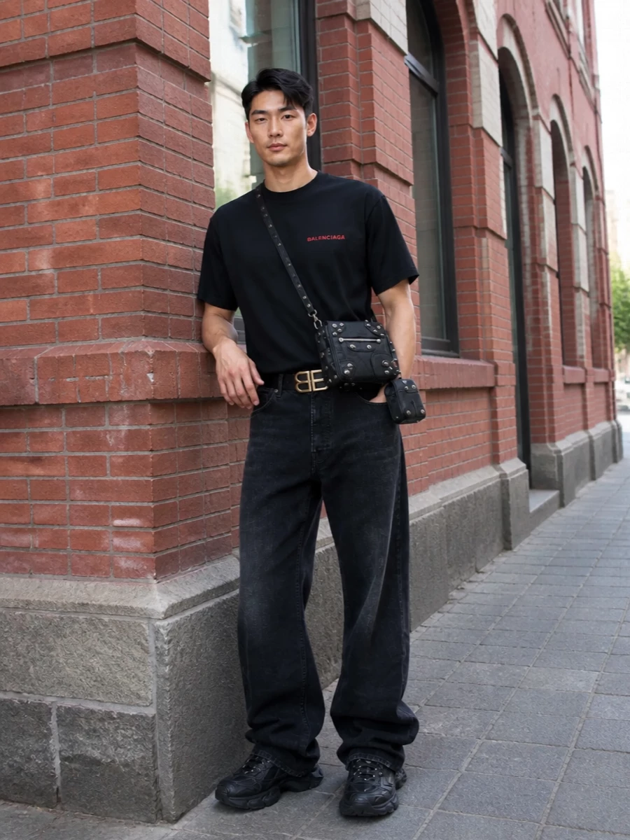 A black Balenciaga tee sits cleanly over washed loose jeans, keeping the line relaxed but intentional. Chunky black runners and a compact moto crossbody add weight and texture while staying strictly monochrome. The logo belt is the only flash, a small hit of hardware that ties the whole street‑leaning mix together without shouting over it.