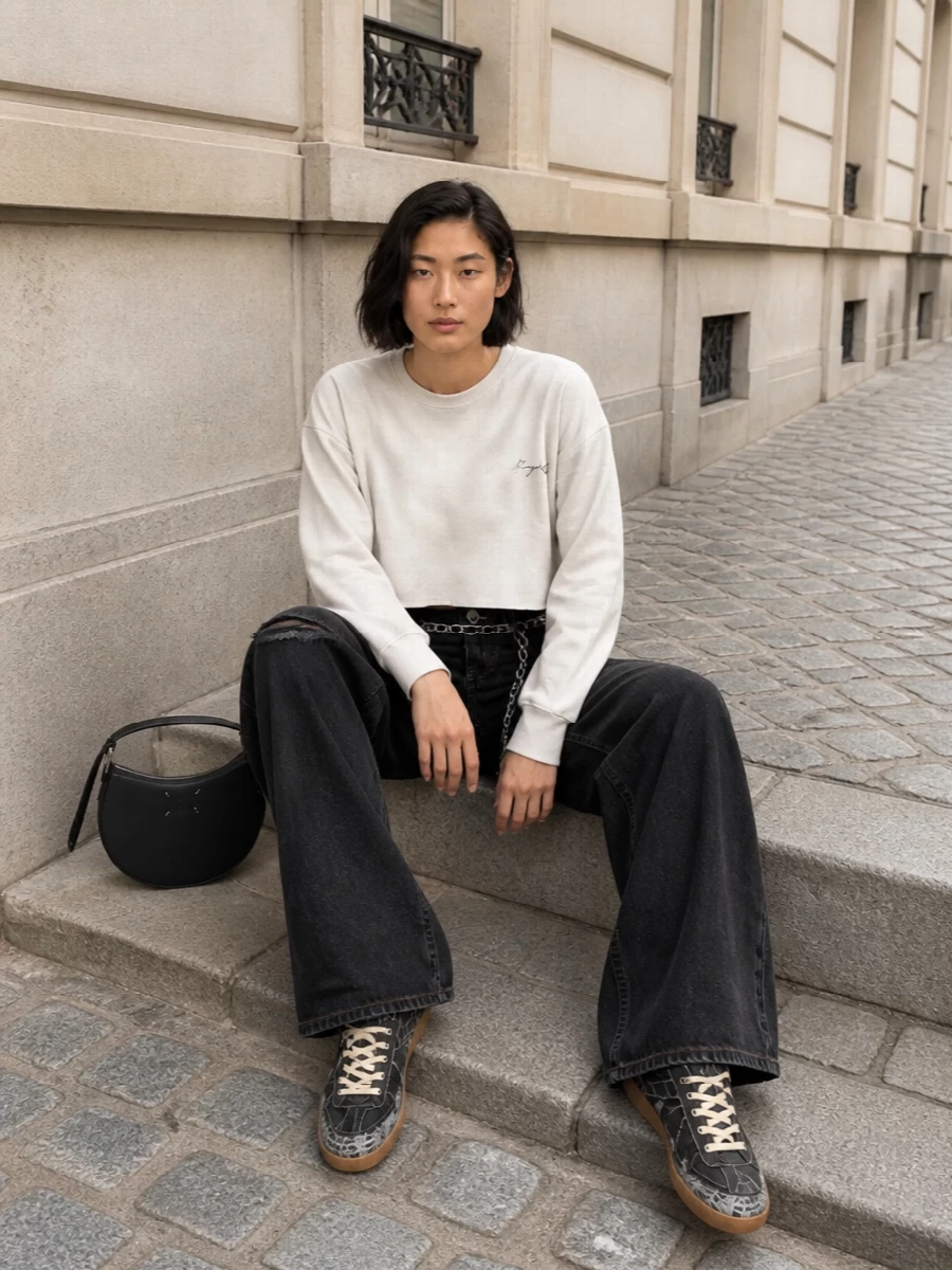 Mm6 wide leg jeans margiela sneakers outfit