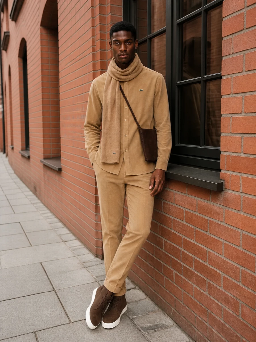 Lacoste cord shirt camel trousers tods chukkas