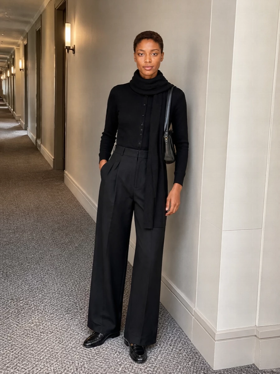 A black henley knit meets high-waisted wide-leg trousers for a clean, elongated silhouette that feels relaxed but city ready. Mirror-shine loafers and a structured shoulder bag bring just enough sheen to sharpen the monochrome. The long black scarf finishes it with depth and restraint, keeping every element calm and precise.