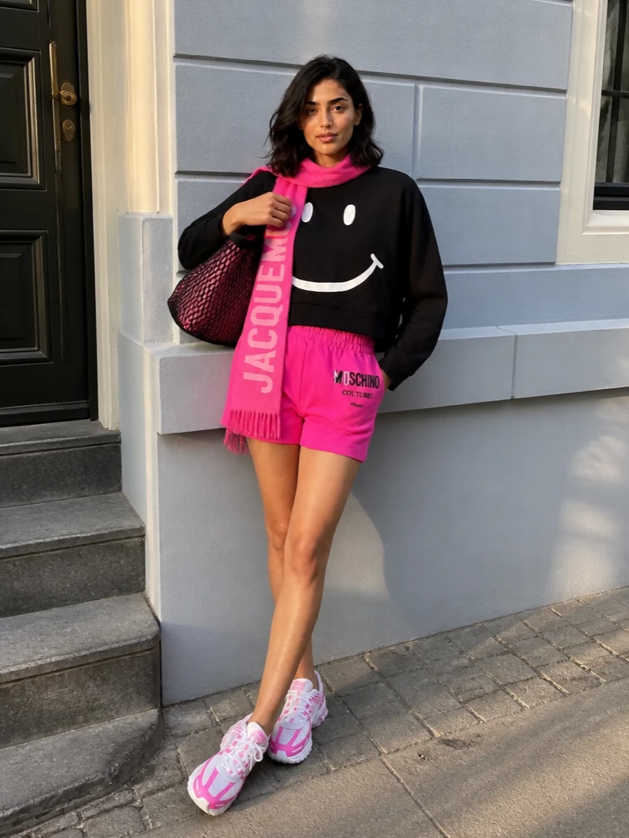 Moschino pink shorts black sweatshirt sneakers