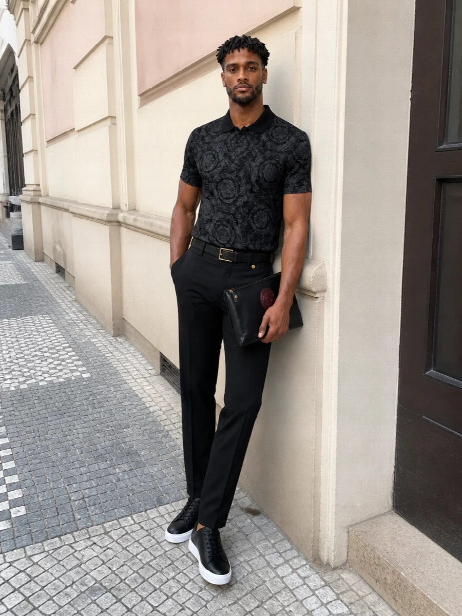 Versace black jacquard polo tailored trousers outfit