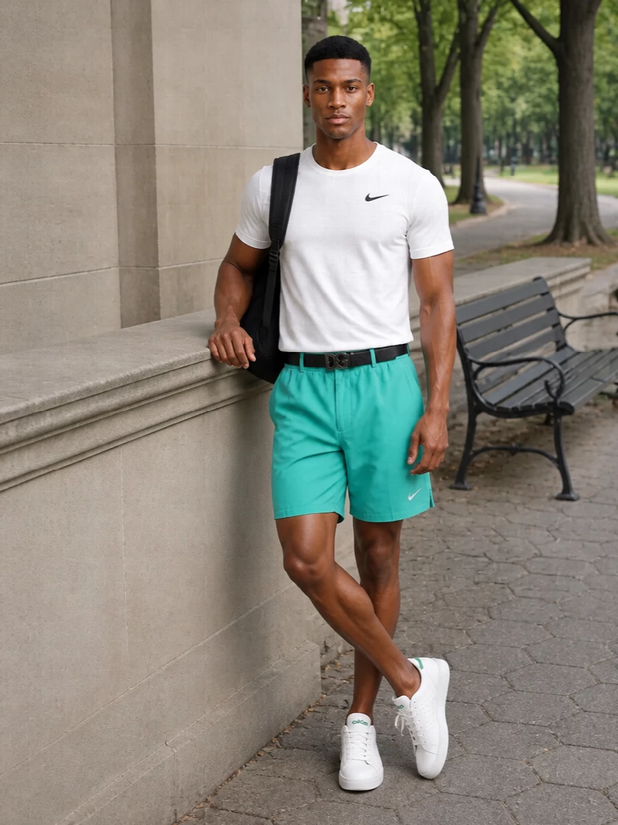 Nike aqua shorts white tee adidas sneakers