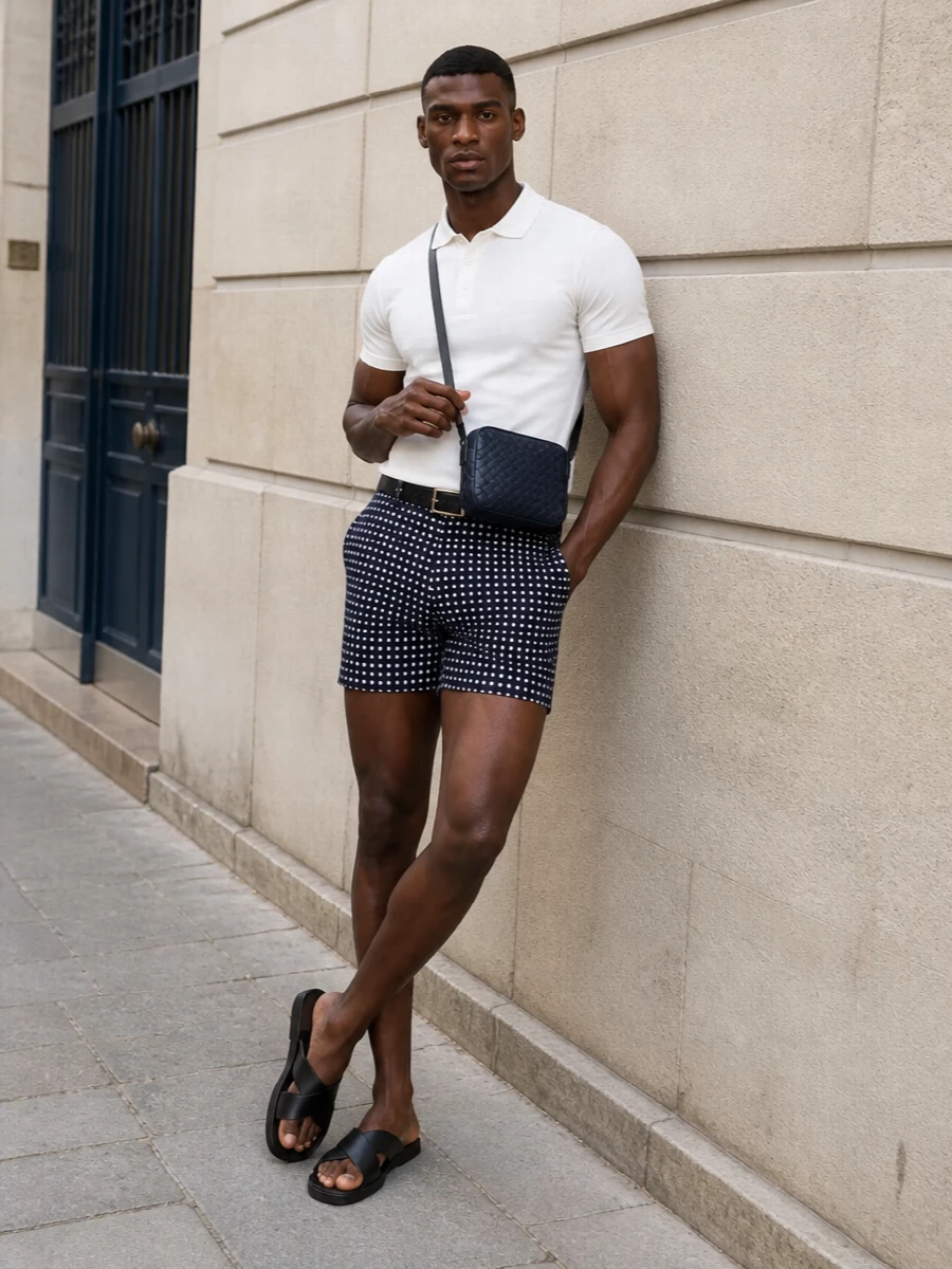 This look frames the tailored navy polka-dot swim shorts with a crisp white Tom Ford knit polo, leaning into a monochrome, Riviera-ready palette that feels polished yet easy. Black cross-strap slides and an ink-navy Bottega crossbody keep the silhouette streamlined and luxurious, while the slim Tom Ford belt adds just a hint of recognizable hardware to finish the ensemble with quiet confidence.