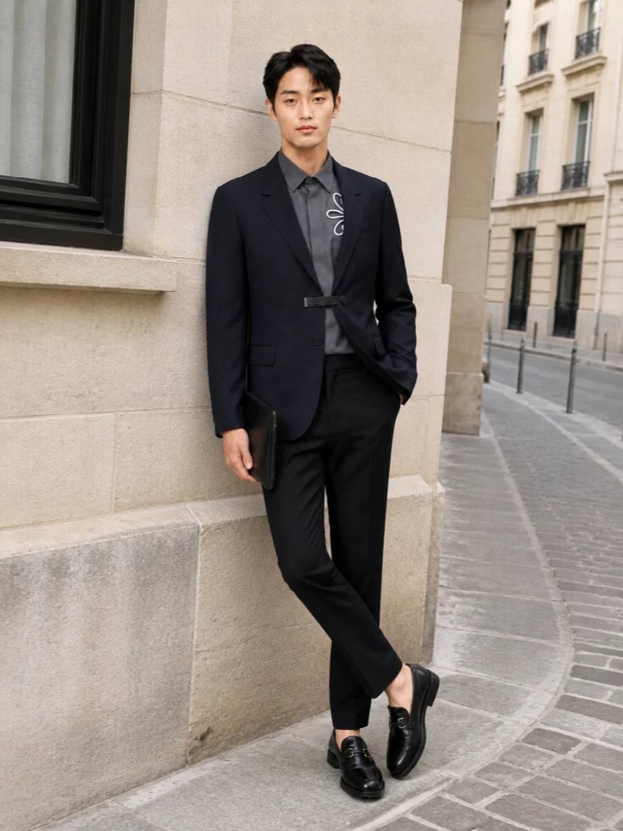 Fendi navy dinner jacket black trousers outfit