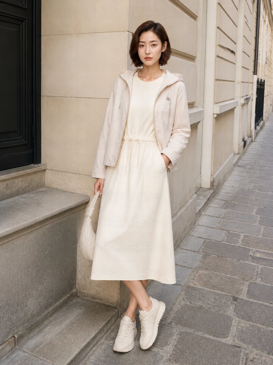 This look builds a tonal, sport-luxe column with the ivory Moncler T-shirt midi dress under the soft beige hooded parka, keeping everything light, streamlined and quietly branded. Cream monochrome runners continue the refined athletic mood without visual noise, while the sculpted Lemaire crescent bag adds a subtle, elevated twist that keeps the outfit feeling intentionally styled rather than purely casual. The result is an SS-ready city-and-travel uniform that’s minimal, cohesive and comfortably luxurious.