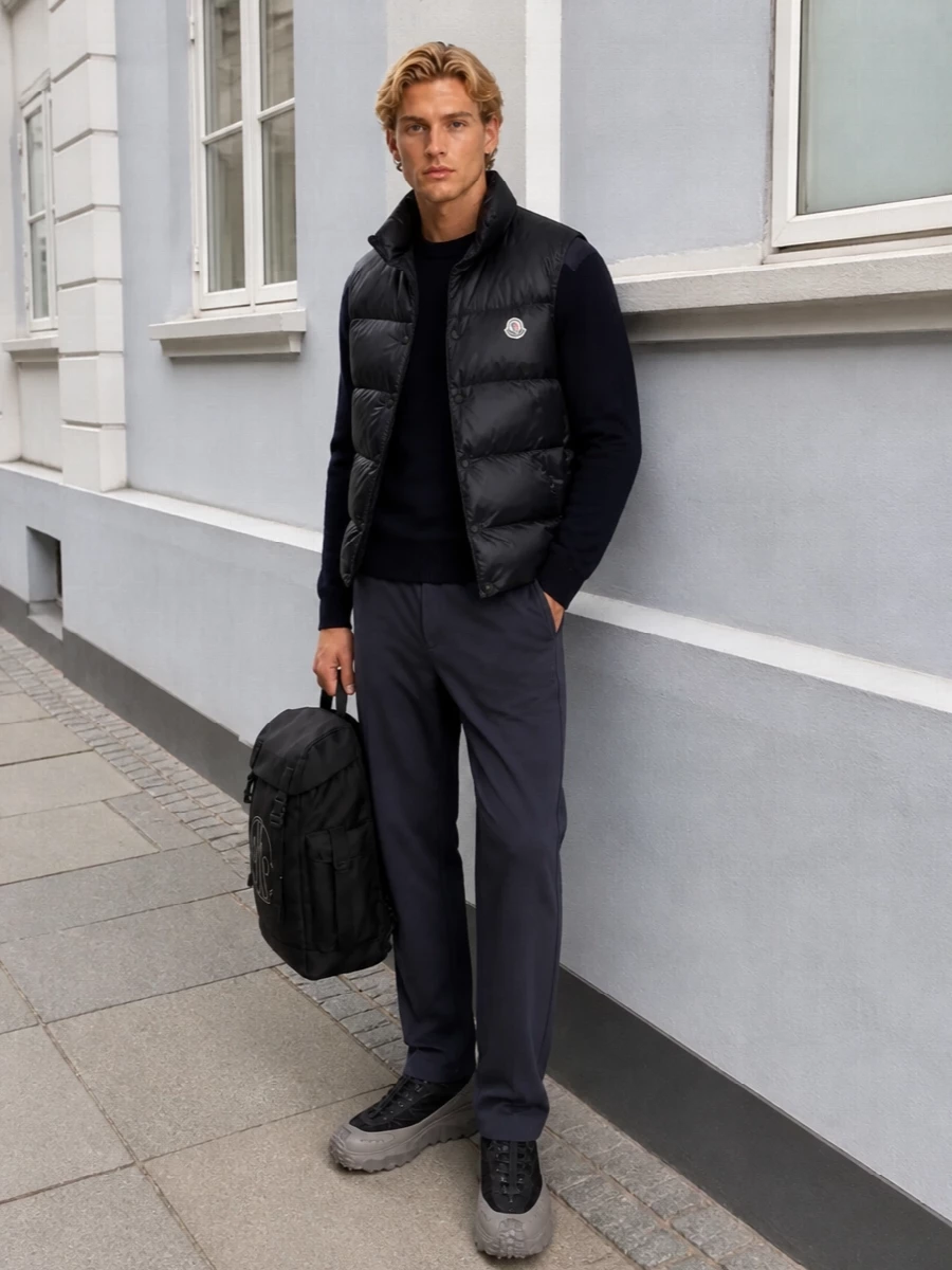 Moncler navy puffer trail sneakers outfit