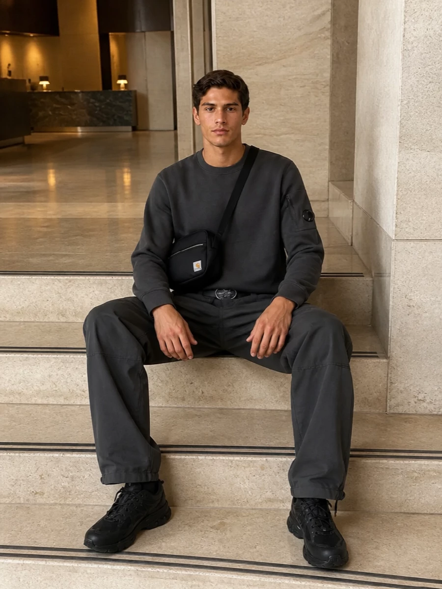 Charcoal cargos and a matching C.P. Company crewneck create a low-contrast, technical uniform that feels sharp but easy for city days. A black trail runner brings functional weight to the wide leg, while the compact crossbody and clean belt keep the utility story practical and streamlined. The result is a coherent streetwear set that is relaxed in fit but precise in detail and palette.