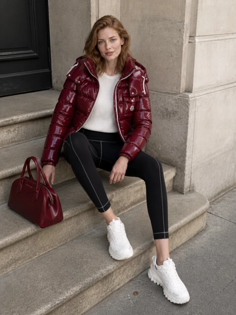 Moncler puffer jacket outfit leggings sneakers