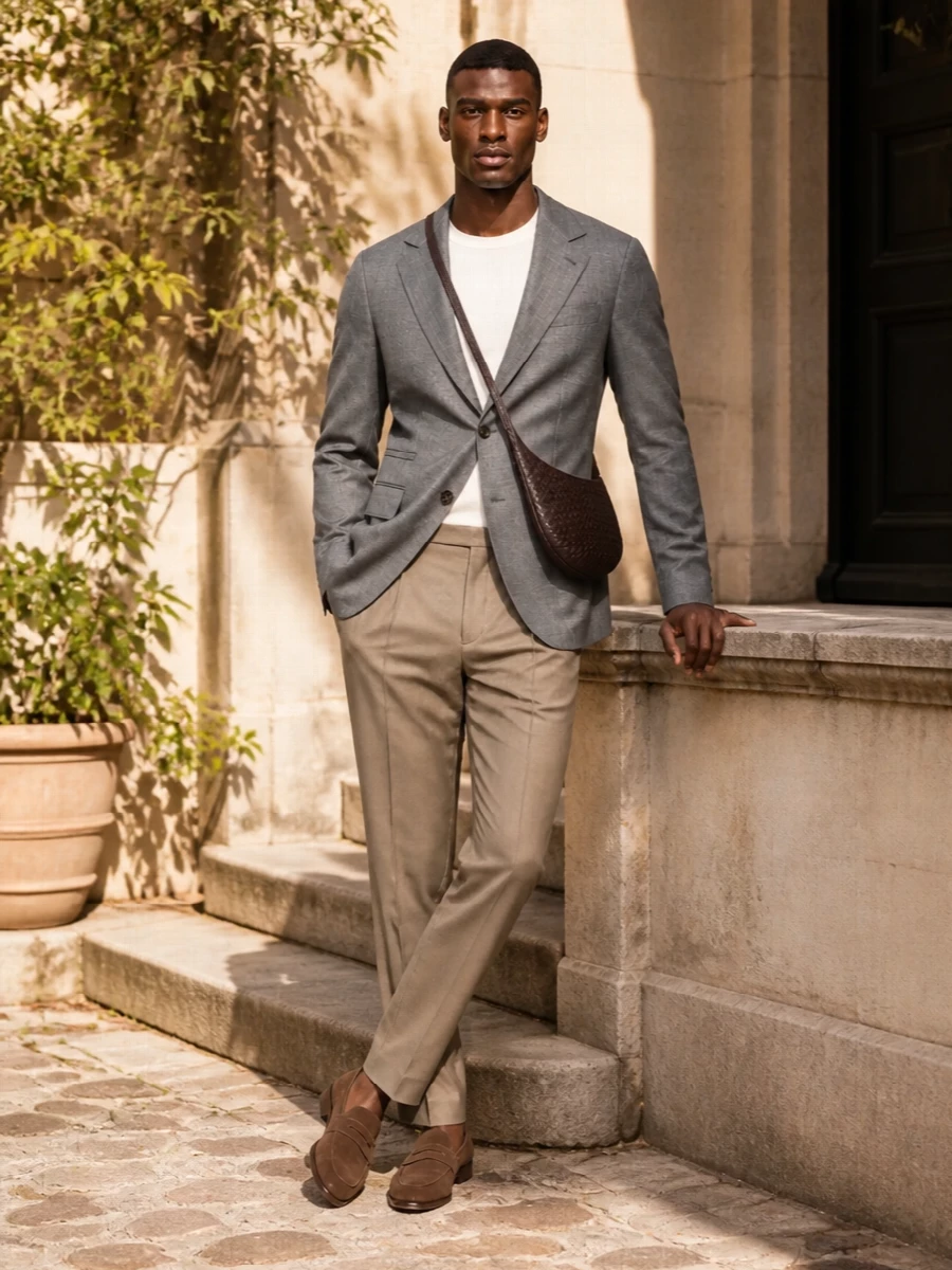Bottega veneta suede loafers grey blazer outfit