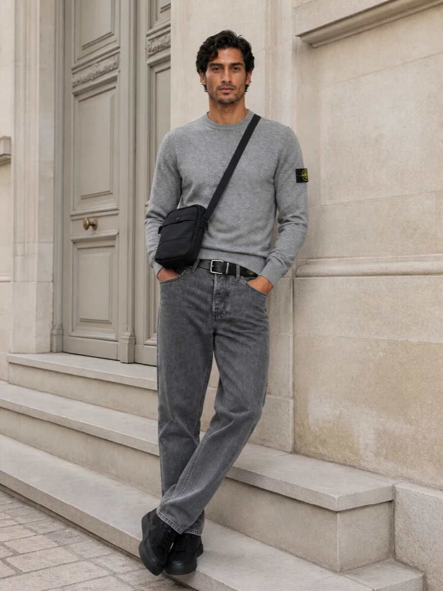 Stone island grey denim knit streetwear outfit