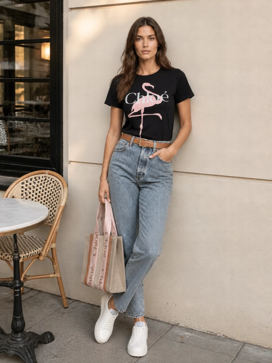 Chloé’s flamingo tee meets a high-rise washed grey jean for a relaxed, graphic take on Parisian casual. Soft off-white sneakers and a taupe-and-blush canvas tote pick up the tee’s pale tones while keeping the mood easy. A tan belt subtly sharpens the waist, so the whole outfit feels thought-through but still relaxed enough for all-day city wandering.