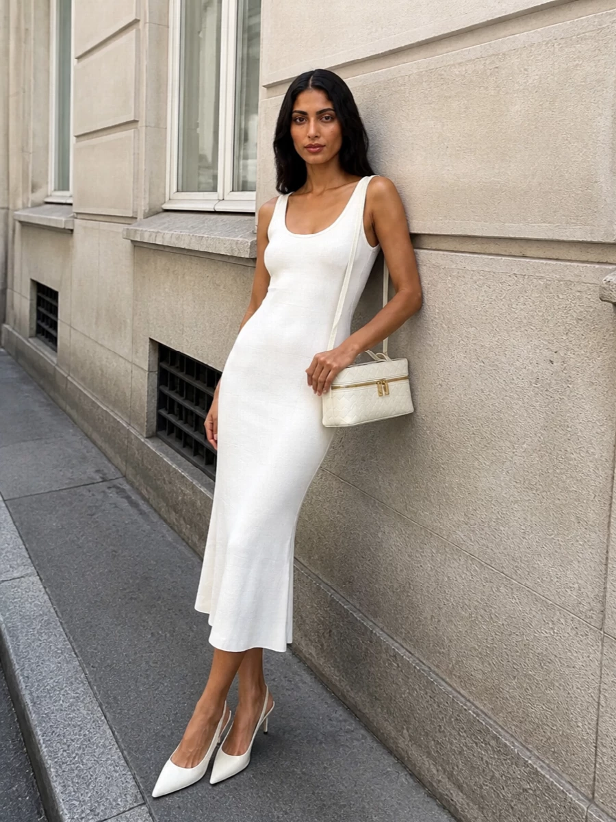 This look leans into a pure, tonal story: the sculpting white midi dress paired with cream slingback stilettos keeps the silhouette elongated and impeccably clean. The small ivory intrecciato bag introduces just enough texture and gold hardware to signal luxury while preserving the dress’s quiet, gallery-to-dinner ease. It feels modern, serene and confidently understated for warm-season occasions.