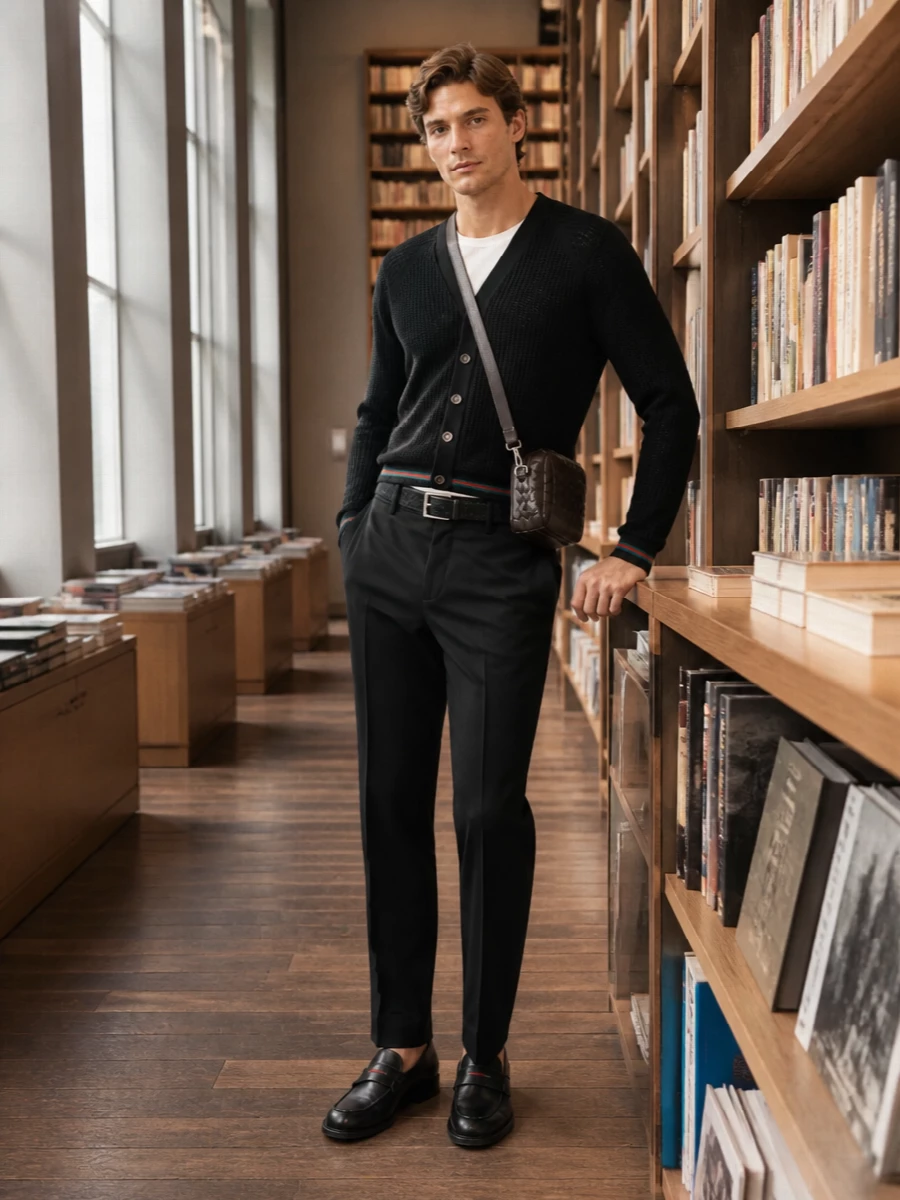 This look leans into Gucci’s quiet-luxury codes: the black V-neck cardigan sits over sharp black wool trousers for a clean, tailored column that feels polished but not stiff. Black leather loafers with a discreet Web accent and a deep espresso intrecciato crossbody introduce just enough texture and house detail, while a minimal black belt pulls the waistline into a precise, quietly confident line suitable from office to dinner.