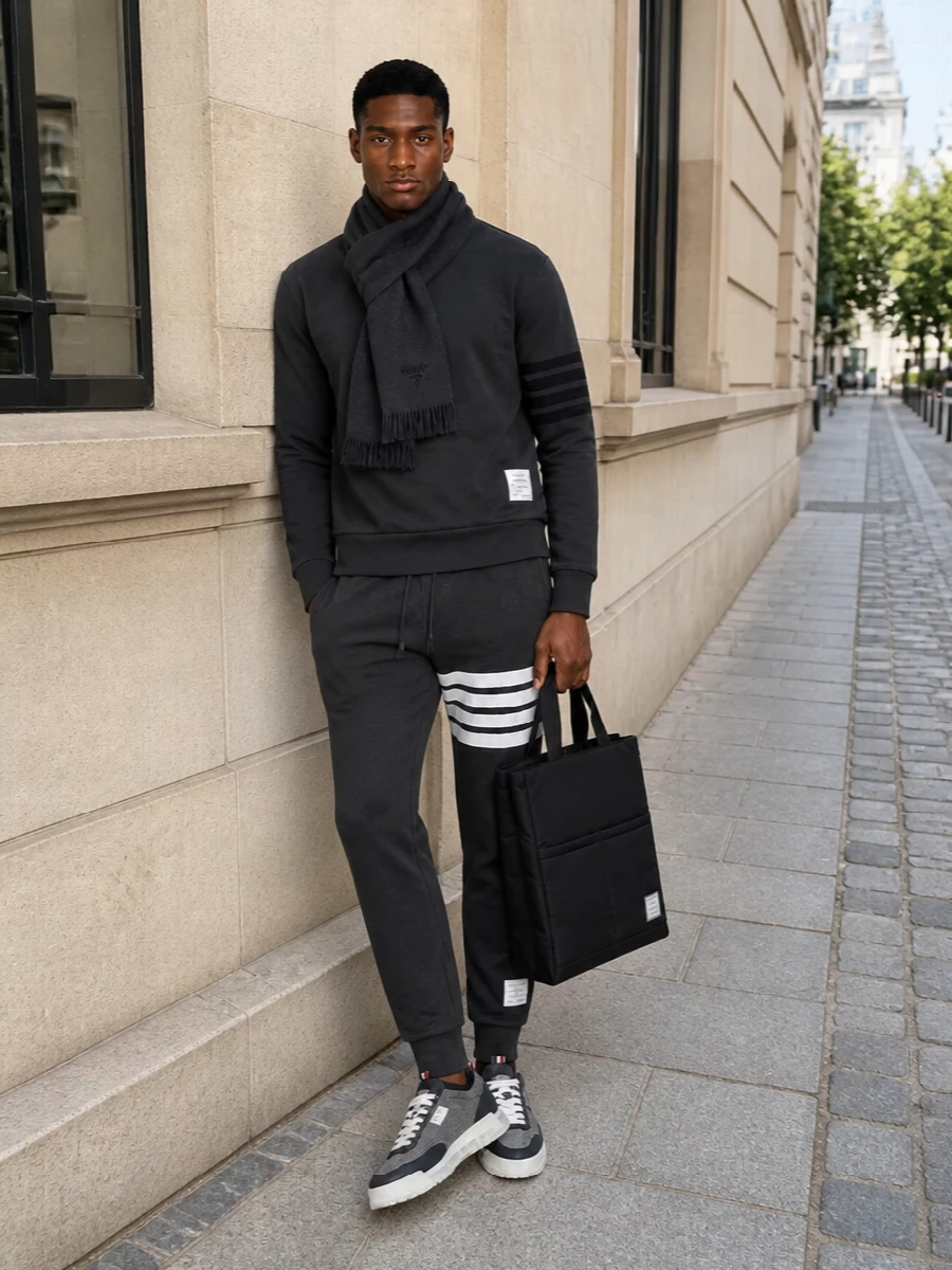 Thom browne charcoal sweatshirt joggers outfit