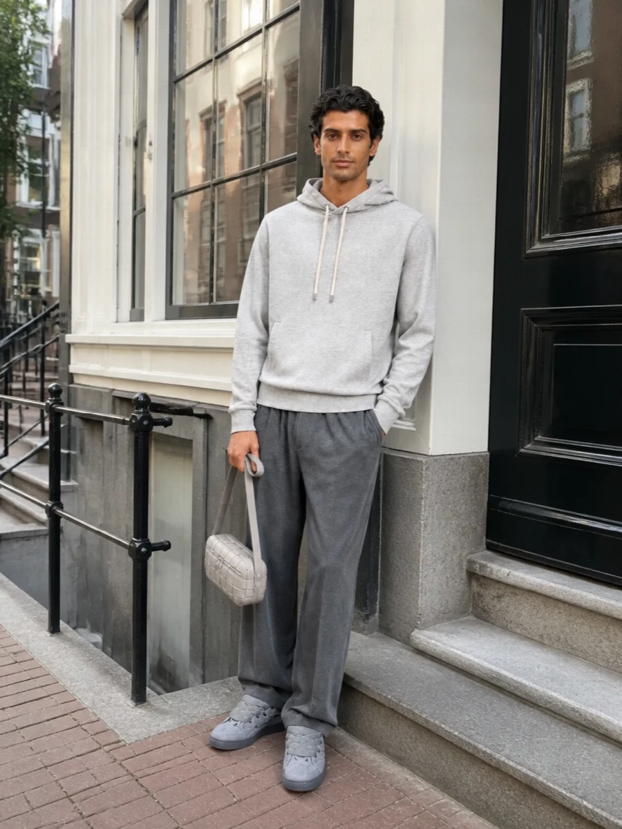 Lanvin grey hoodie wide leg trousers bottega bag