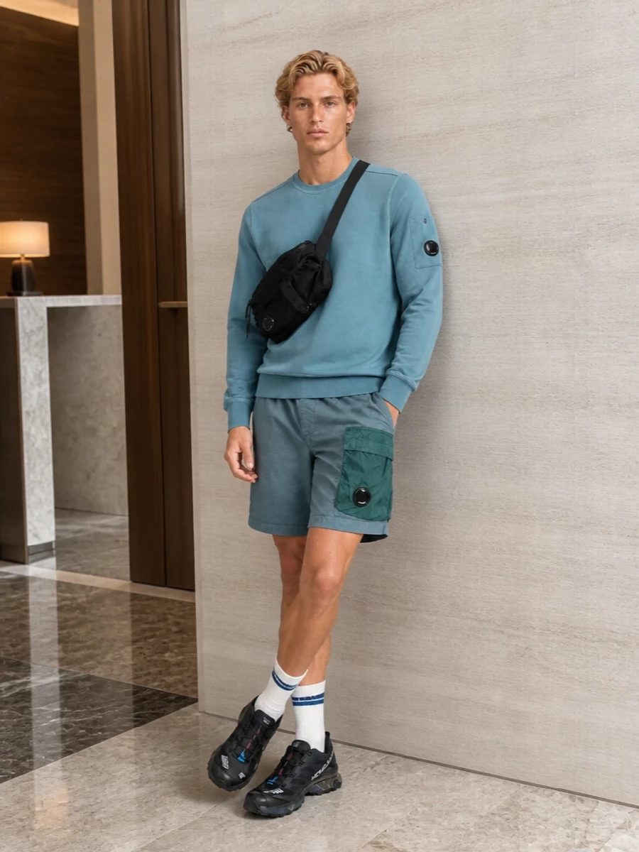Cp company blue utility shorts outfit salomon