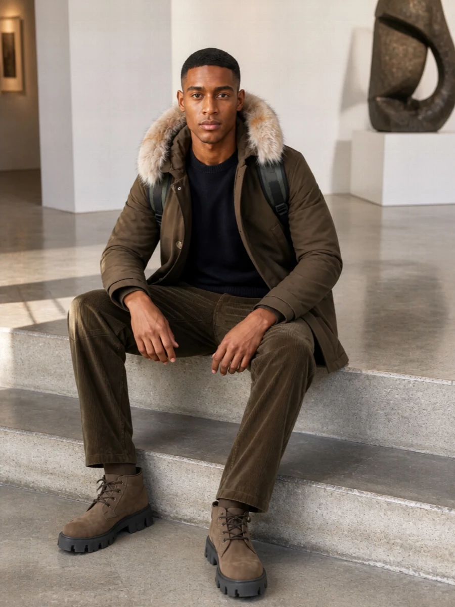 Woolrich parka moncler corduroy cargos outfit