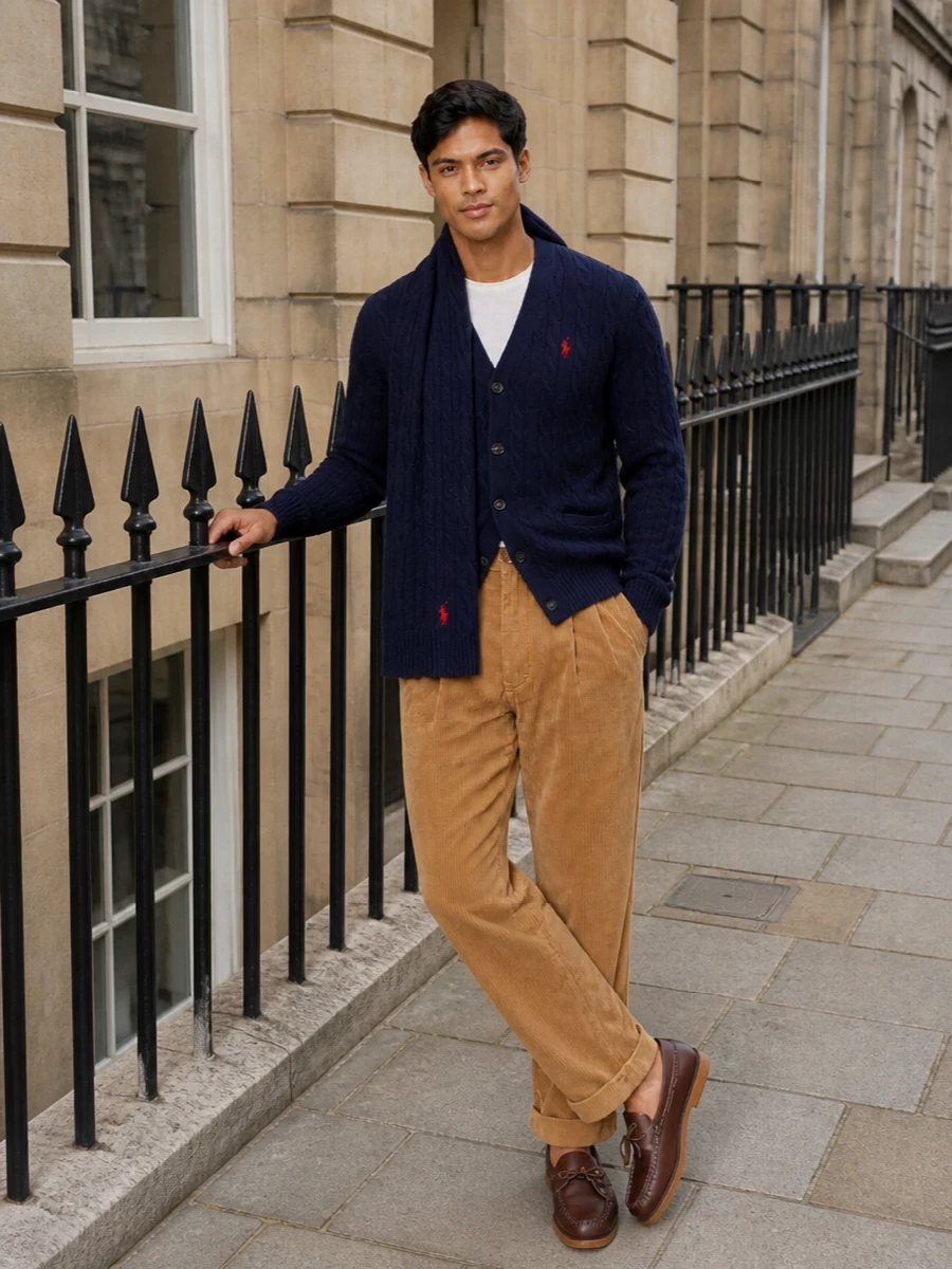 Navy cable knit on top of soft camel cord creates a classic campus palette that feels grown up rather than nostalgic. Brown leather moccasins and a navy duffle keep the mood polished but relaxed, ideal for days that move between city errands and casual dinners. The matching cable scarf quietly ties the textures and red logo accents together for a considered finish.