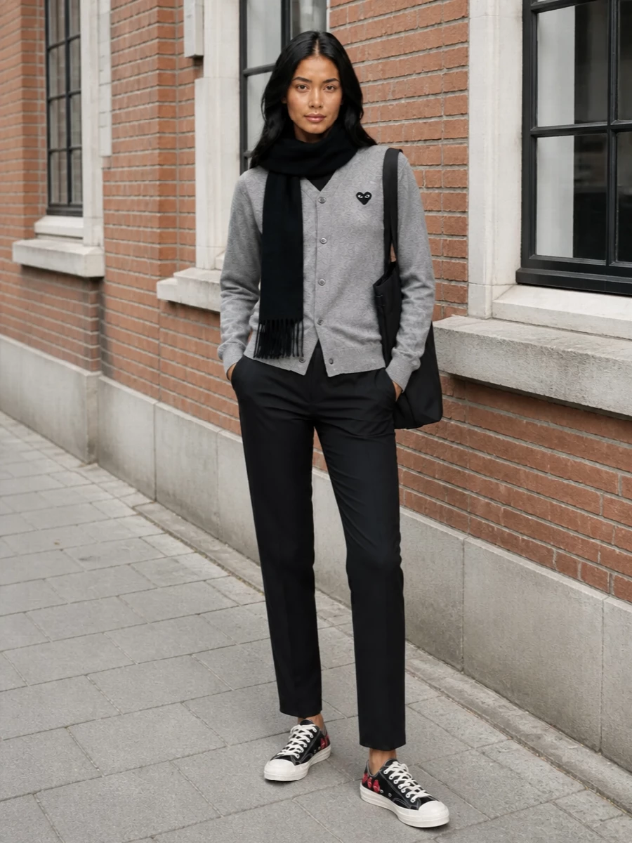 A pared back CDG Play uniform that leans into graphic details without feeling loud. Soft grey and deep navy sit against black and off white, keeping the mood calm while the heart motifs do the talking. The clean technical tote keeps it city ready and unfussy for everyday wear.