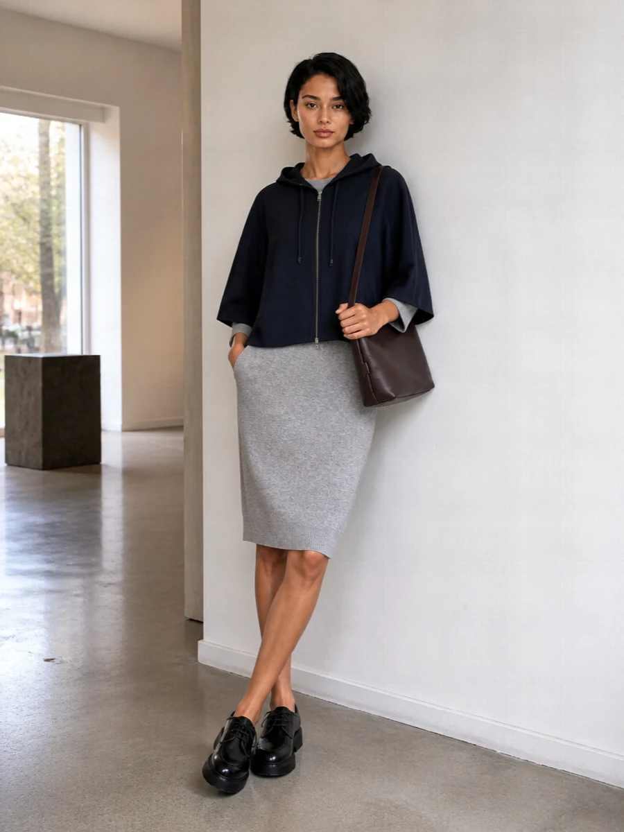 I built this around the poncho and dress combination, letting the cropped navy hood skim over the soft grey knit for a clean, cocooned column. Chunky black derbies and a chocolate bucket bag add just enough weight and structure so the ease reads intentional rather than loungewear. The result is a quietly polished city ensemble you can wear from errands to informal dinners without changing a thing.