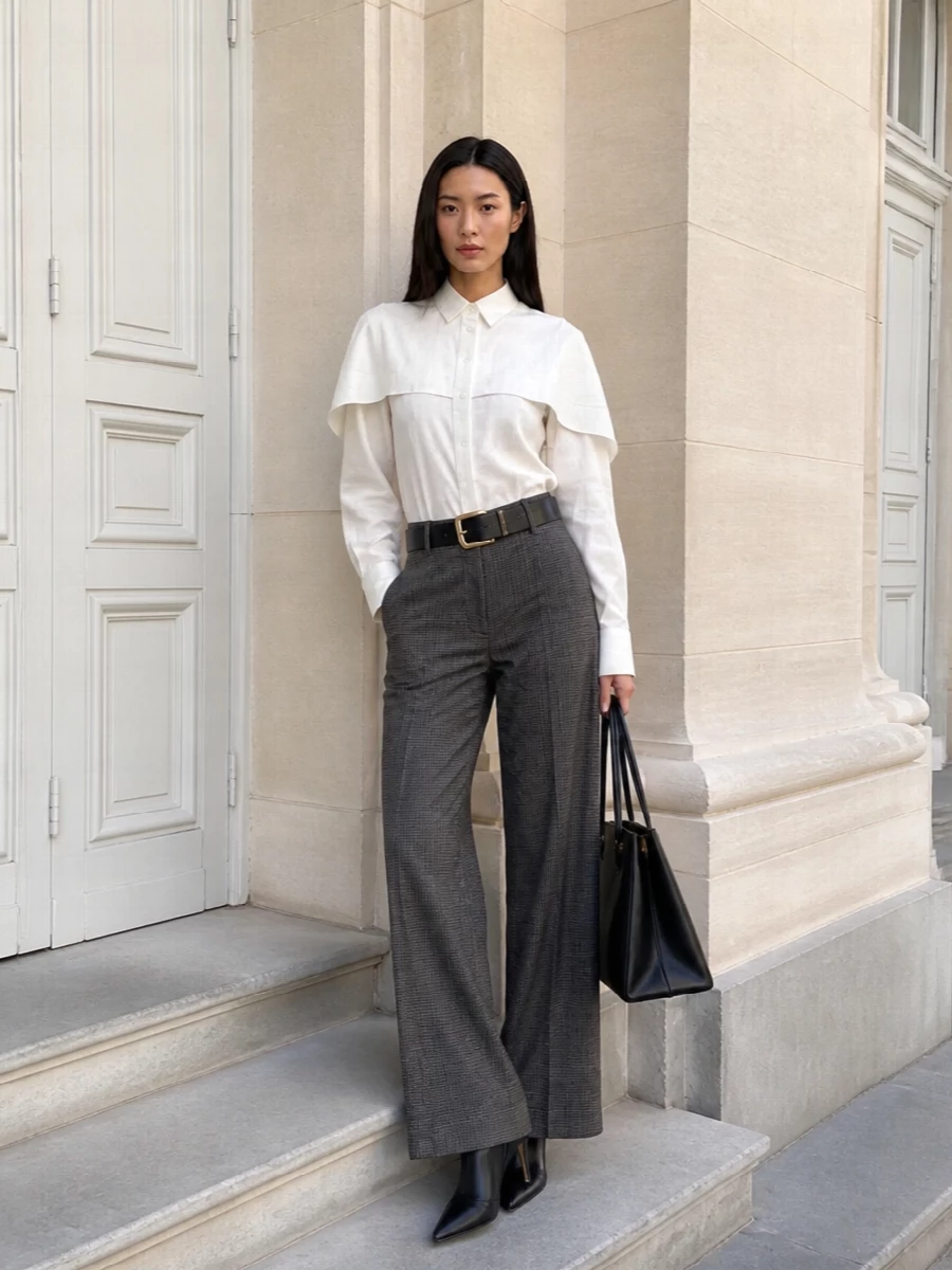 Stella mccartney checked trousers ivory shirt outfit