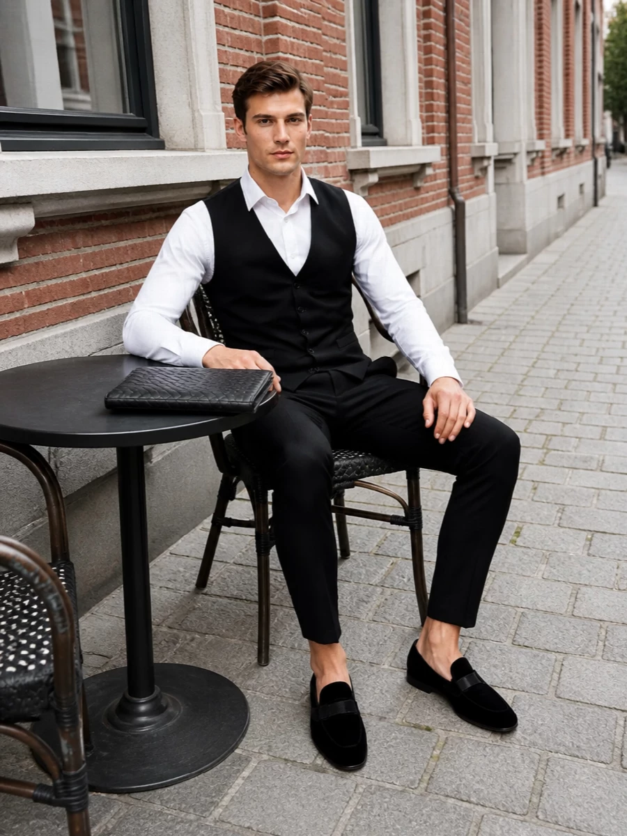 Dolce gabbana black waistcoat suit velvet loafers