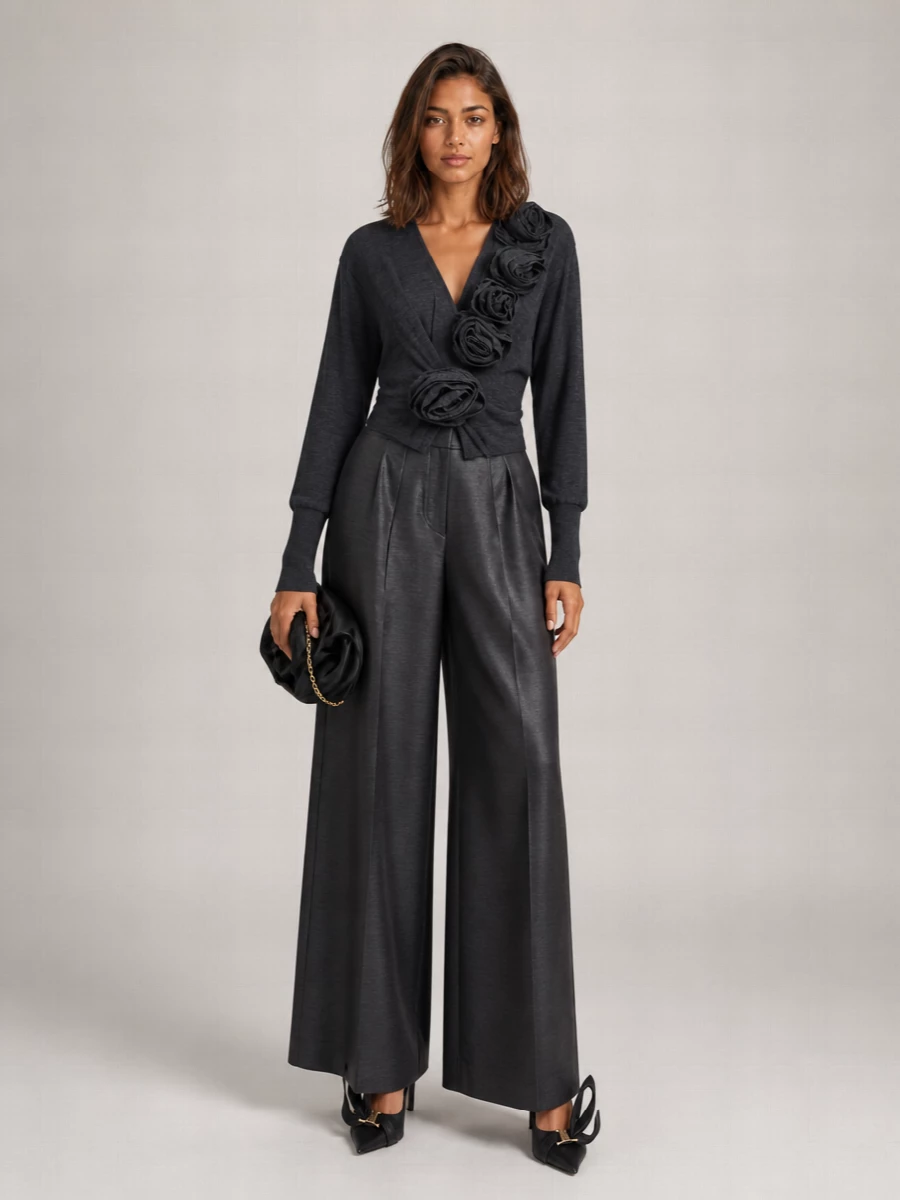 Alberta Ferretti Virgin Wool V-Neck Draped Long-Sleeve Jumper