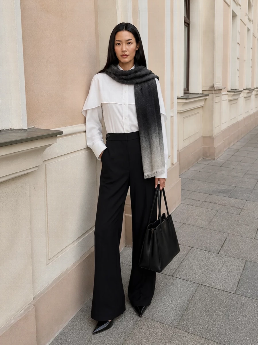 A crisp cape-shirt sits over high-waisted black wide-leg trousers to create a long, architectural line in strict monochrome. Pointed black ankle boots and a structured black tote keep the mood precise and quietly polished. The charcoal ombré scarf introduces soft depth without disturbing the clean tailoring story.