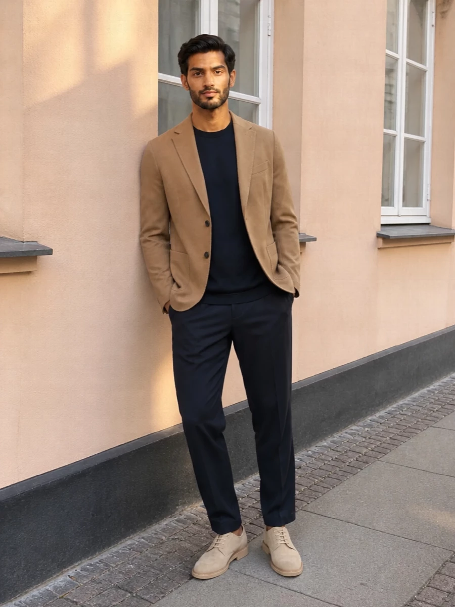 Circolo camel blazer navy trousers suede derbies