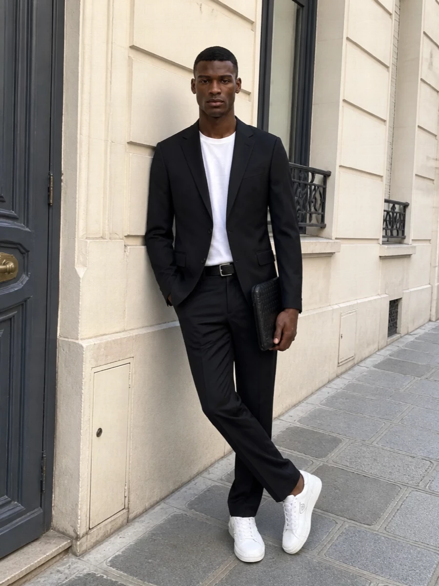 Prada black suit white sneakers clutch