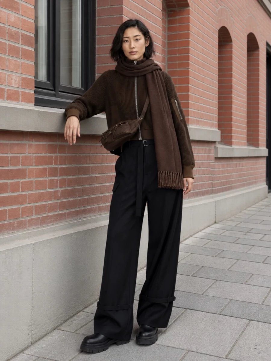 Sacai bomber knit wide leg cargo outfit