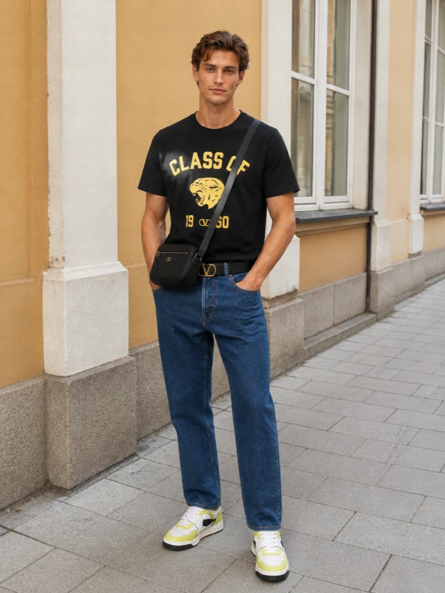 Valentino varsity tee jeans sneakers outfit