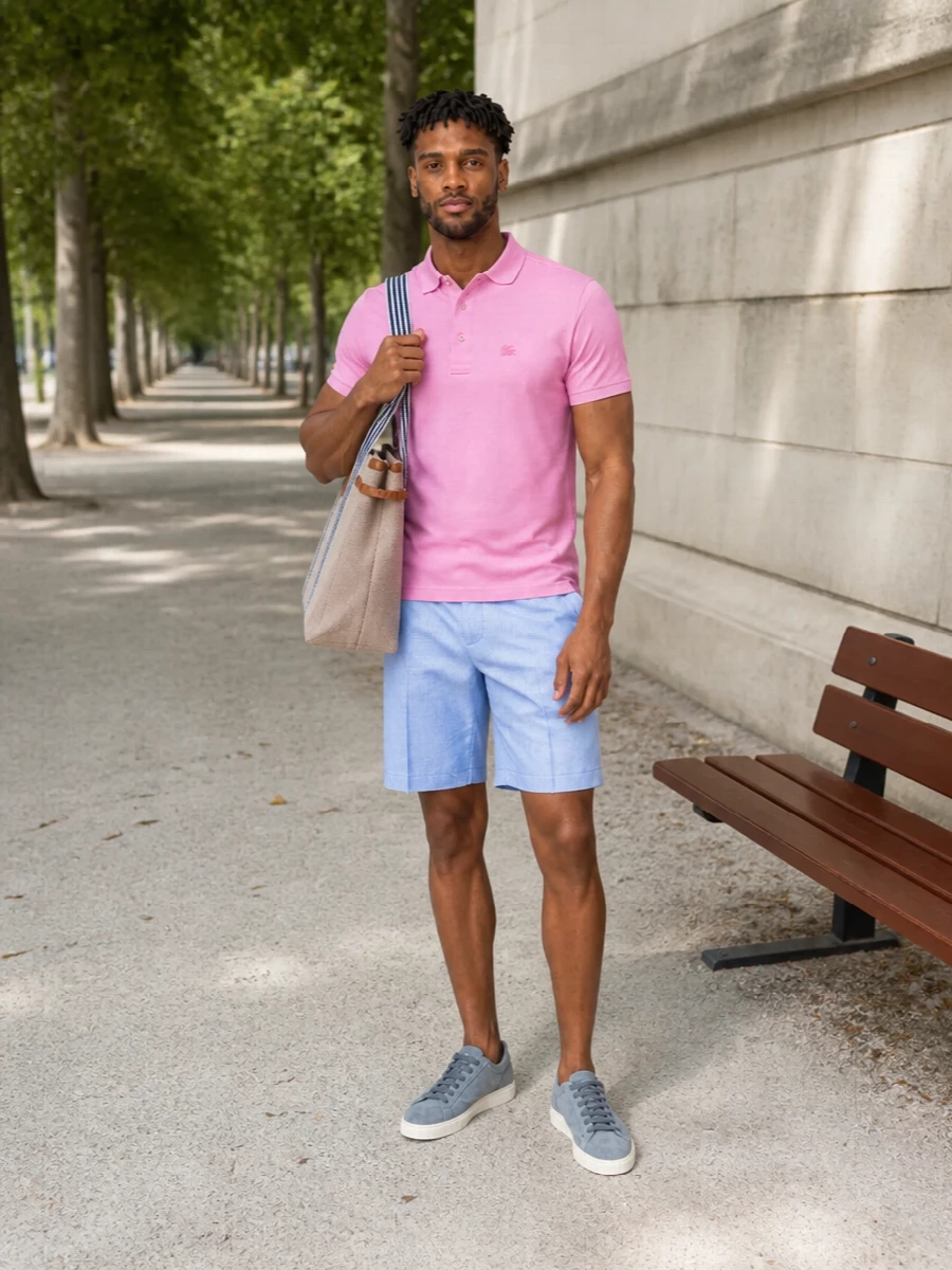 Etro pink polo tailored blue shorts outfit